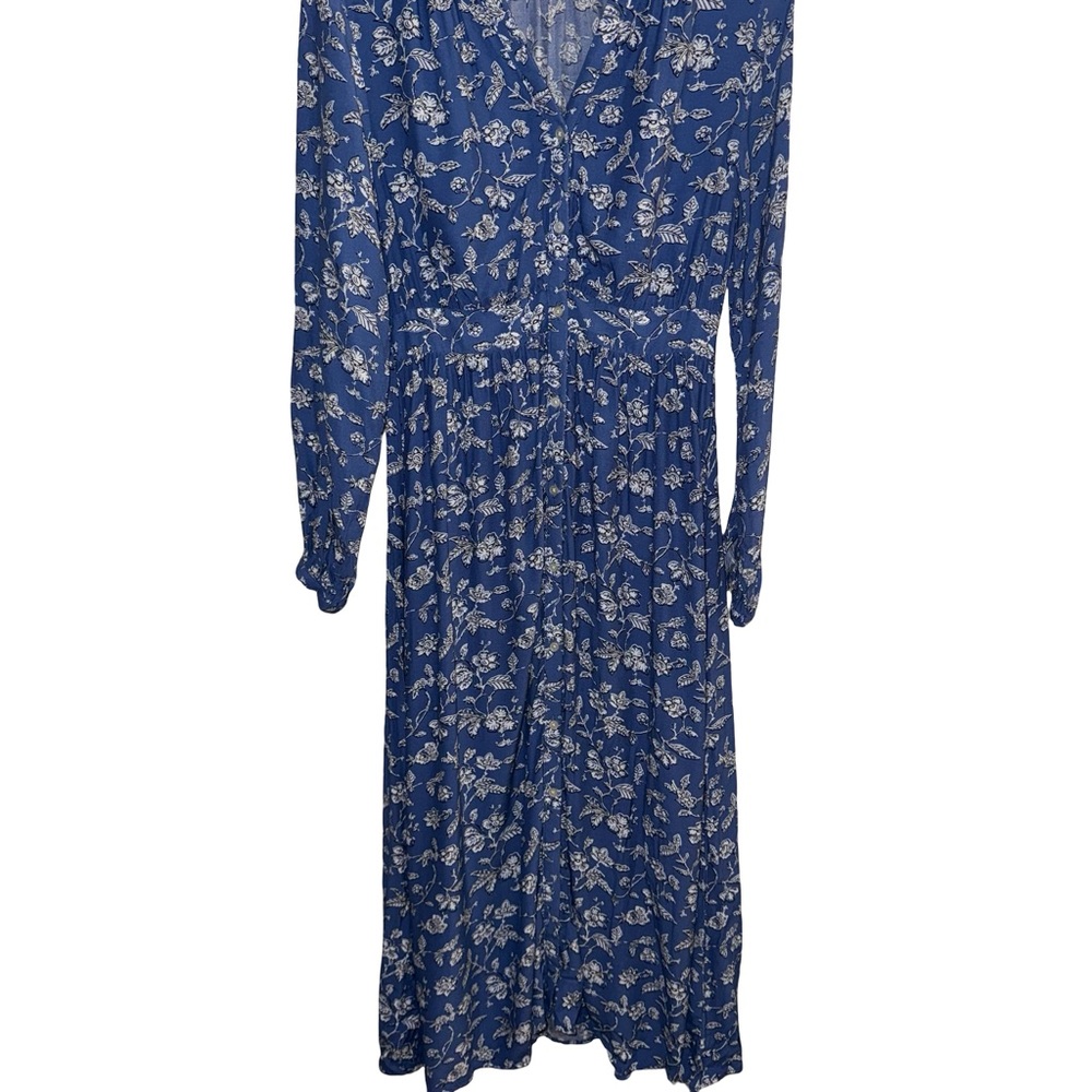 LOFT Blue Floral Midi Dress Sz 4 Boho Long Sleeve Button Front Lightweight Flowy - Picture 2 of 7